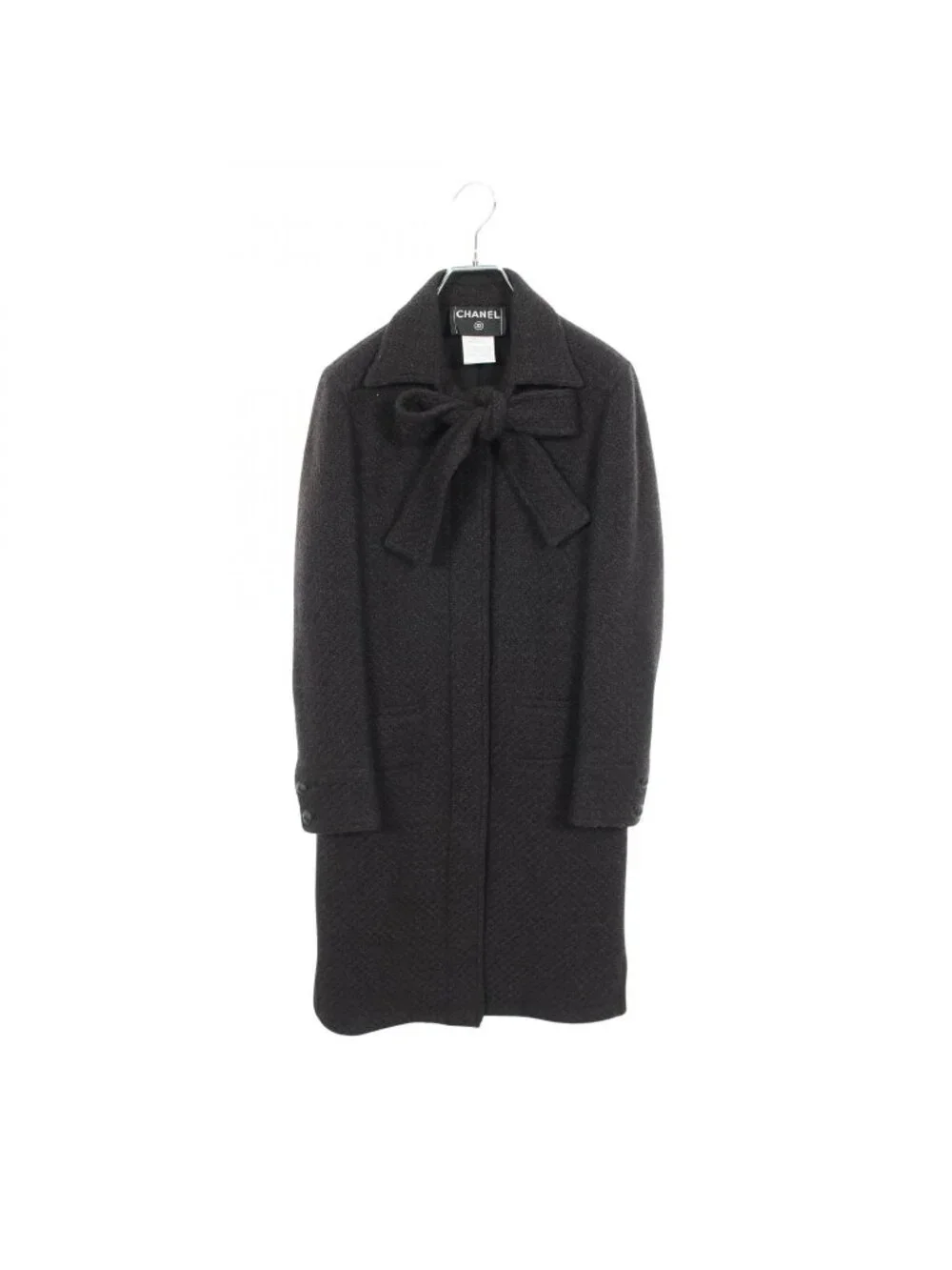 Chanel CC Logo Button Tweed with Tie Black Wool Coat